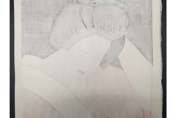 真作　昭和55年6月作　神保朋世　「静夜」　うつむく女性を描いた木版画　(R-091393)
