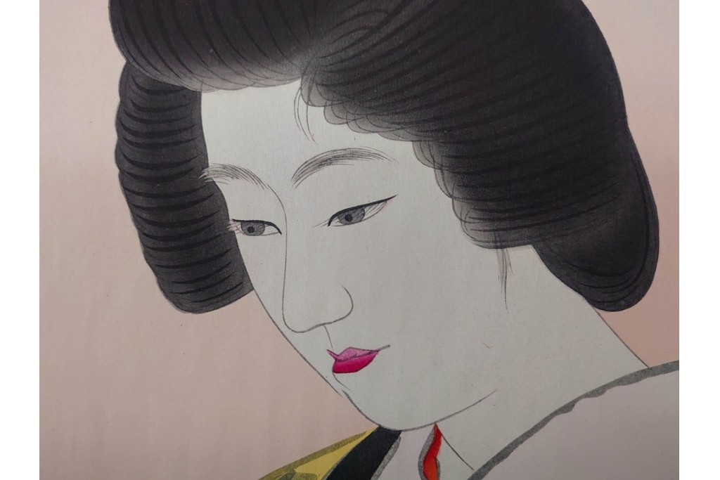 真作　昭和32年12月作　神保朋世　「夜情」　着物姿の女性を描いた木版画　(R-091394)