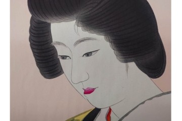 真作　昭和32年12月作　神保朋世　「夜情」　着物姿の女性を描いた木版画　(R-091394)