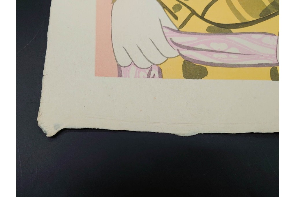 真作　昭和32年12月作　神保朋世　「夜情」　着物姿の女性を描いた木版画　(R-091394)