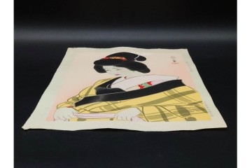 真作　昭和32年12月作　神保朋世　「夜情」　着物姿の女性を描いた木版画　(R-091394)