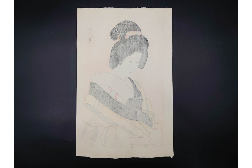 真作　昭和32年12月作　神保朋世　「夜情」　着物姿の女性を描いた木版画　(R-091394)