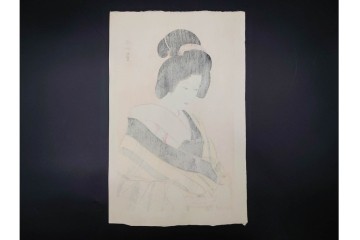 真作　昭和32年12月作　神保朋世　「夜情」　着物姿の女性を描いた木版画　(R-091394)
