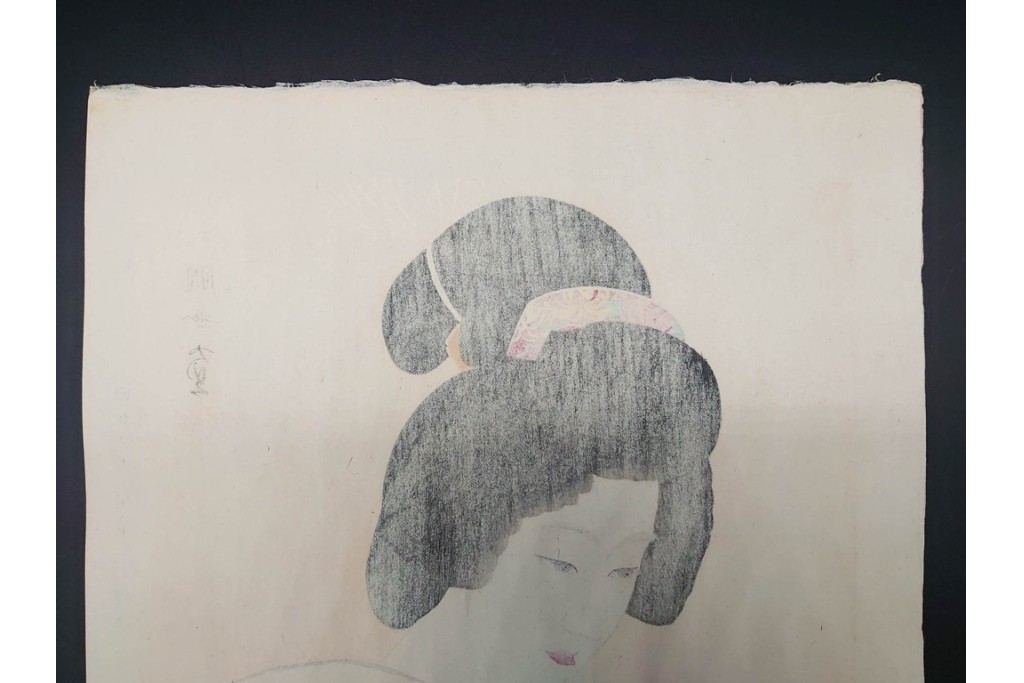 真作　昭和32年12月作　神保朋世　「夜情」　着物姿の女性を描いた木版画　(R-091394)
