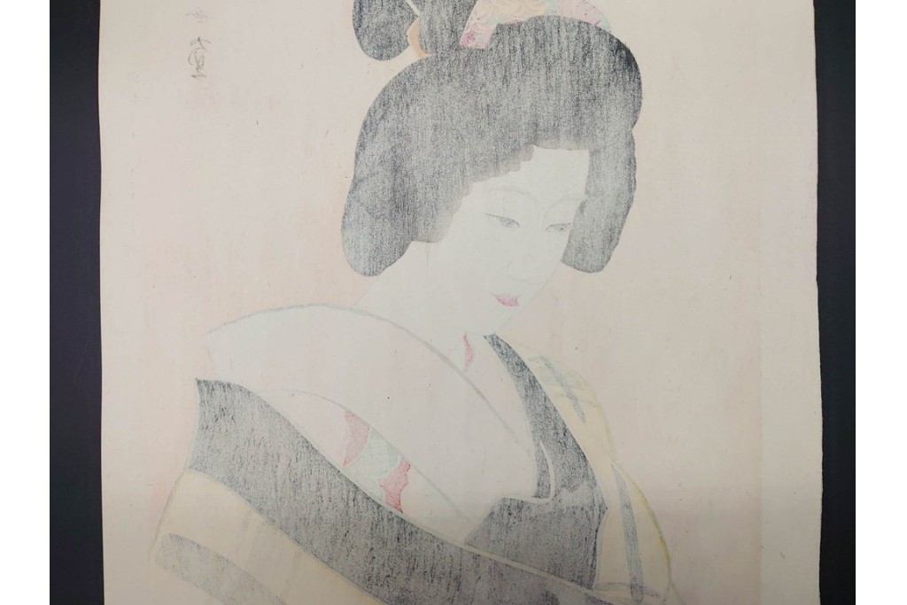 真作　昭和32年12月作　神保朋世　「夜情」　着物姿の女性を描いた木版画　(R-091394)