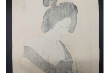 真作　昭和32年12月作　神保朋世　「夜情」　着物姿の女性を描いた木版画　(R-091394)