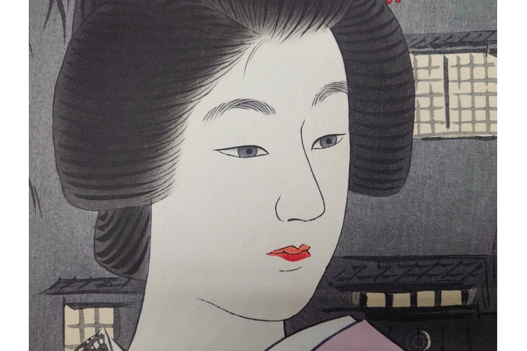 真作　昭和37年9月作　神保朋世　「宵の灯」　宵の街を歩く女性を描いた木版画　(R-091395)