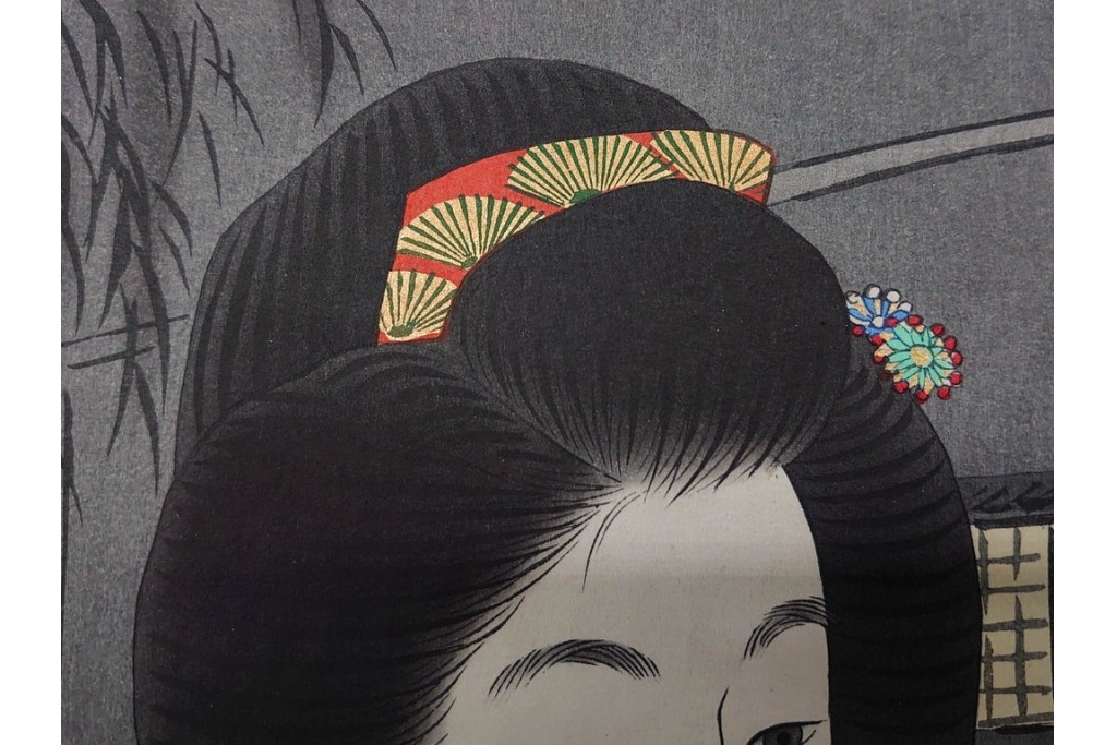 真作　昭和37年9月作　神保朋世　「宵の灯」　宵の街を歩く女性を描いた木版画　(R-091395)