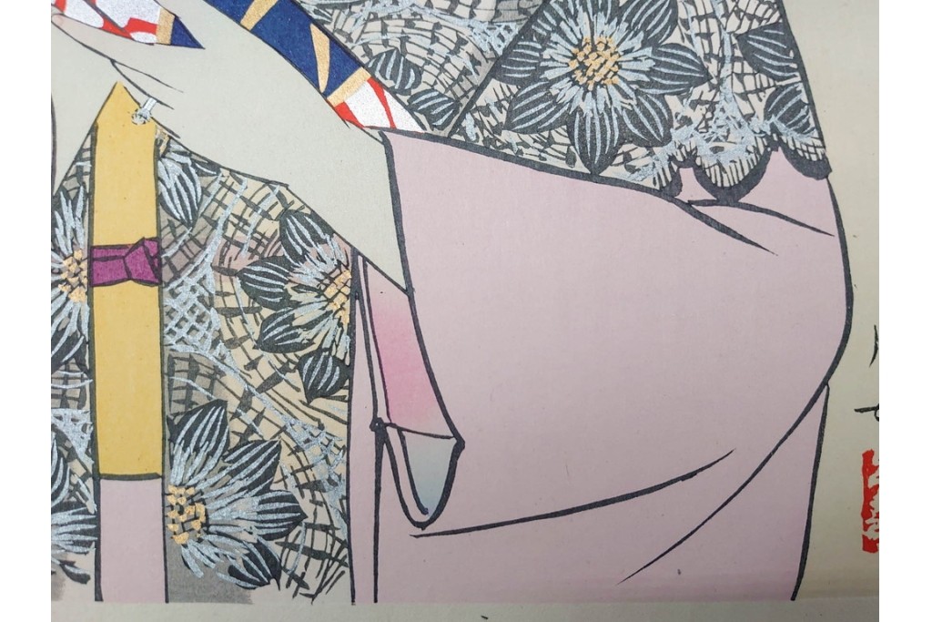 真作　昭和37年9月作　神保朋世　「宵の灯」　宵の街を歩く女性を描いた木版画　(R-091395)