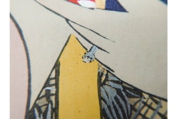 真作　昭和37年9月作　神保朋世　「宵の灯」　宵の街を歩く女性を描いた木版画　(R-091395)