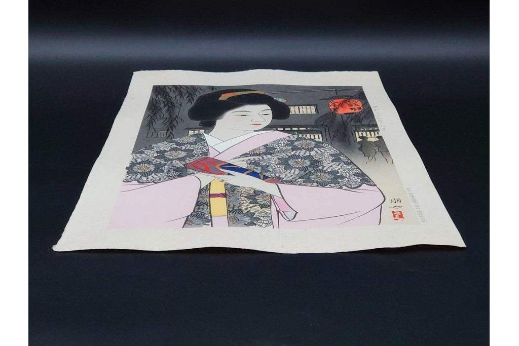 真作　昭和37年9月作　神保朋世　「宵の灯」　宵の街を歩く女性を描いた木版画　(R-091395)