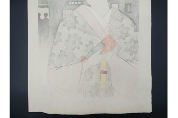 真作　昭和37年9月作　神保朋世　「宵の灯」　宵の街を歩く女性を描いた木版画　(R-091395)