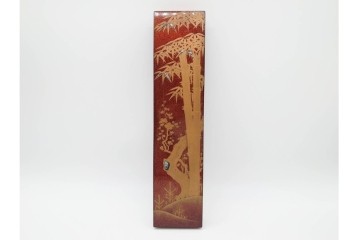明治から大正期　時代物漆器　鶴・松竹梅蒔絵　螺鈿のきらめきが美しい総梨地の御短冊箱　外箱付き　(R-091408)