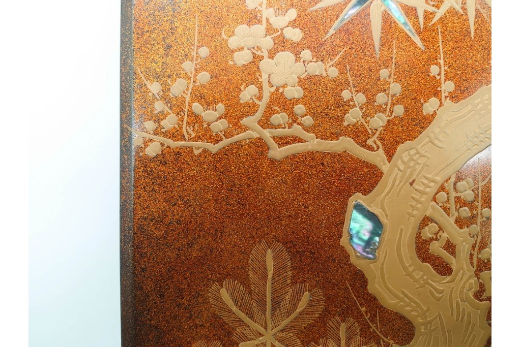 明治から大正期　時代物漆器　鶴・松竹梅蒔絵　螺鈿のきらめきが美しい総梨地の御色紙箱　外箱付き　(R-091409)