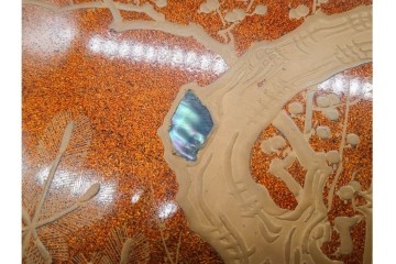 明治から大正期　時代物漆器　鶴・松竹梅蒔絵　螺鈿のきらめきが美しい総梨地の御色紙箱　外箱付き　(R-091409)