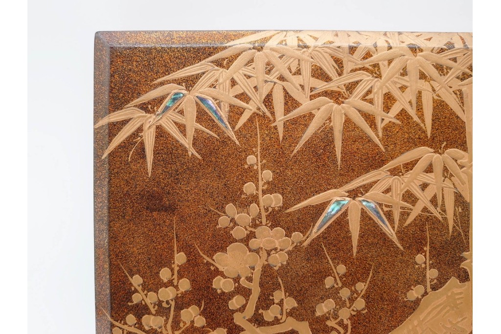 明治から大正期　時代物漆器　鶴・松竹梅蒔絵　螺鈿のきらめきが美しい総梨地の御硯箱　硯・水滴(龍雲吉田造)・外箱付き　(R-091410)