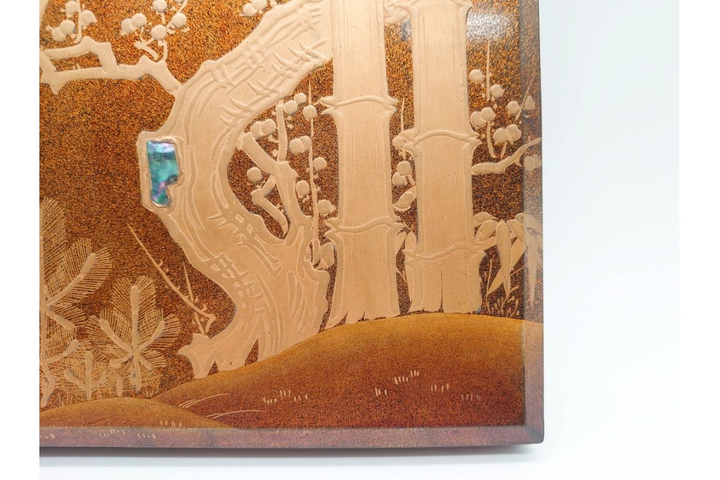 明治から大正期　時代物漆器　鶴・松竹梅蒔絵　螺鈿のきらめきが美しい総梨地の御硯箱　硯・水滴(龍雲吉田造)・外箱付き　(R-091410)