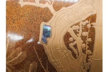 明治から大正期　時代物漆器　鶴・松竹梅蒔絵　螺鈿のきらめきが美しい総梨地の御硯箱　硯・水滴(龍雲吉田造)・外箱付き　(R-091410)