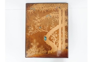 明治から大正期　時代物漆器　鶴・松竹梅蒔絵　螺鈿のきらめきが美しい総梨地の御文庫　外箱付き　(R-091411)