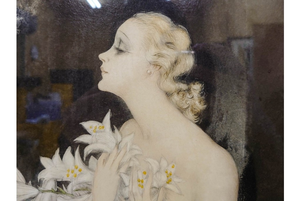 1934年　真作　ルイ・イカール　「リリー」　百合の花に包まれた女性を描いた銅版画　(R-091421)