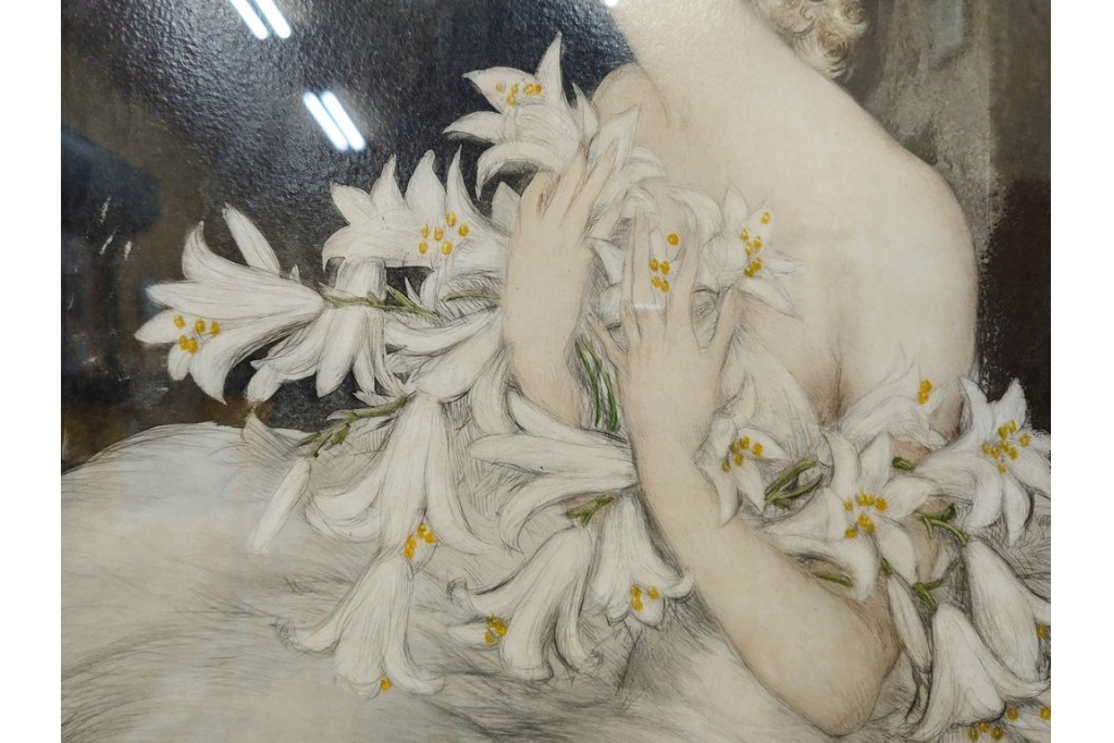 1934年　真作　ルイ・イカール　「リリー」　百合の花に包まれた女性を描いた銅版画　(R-091421)