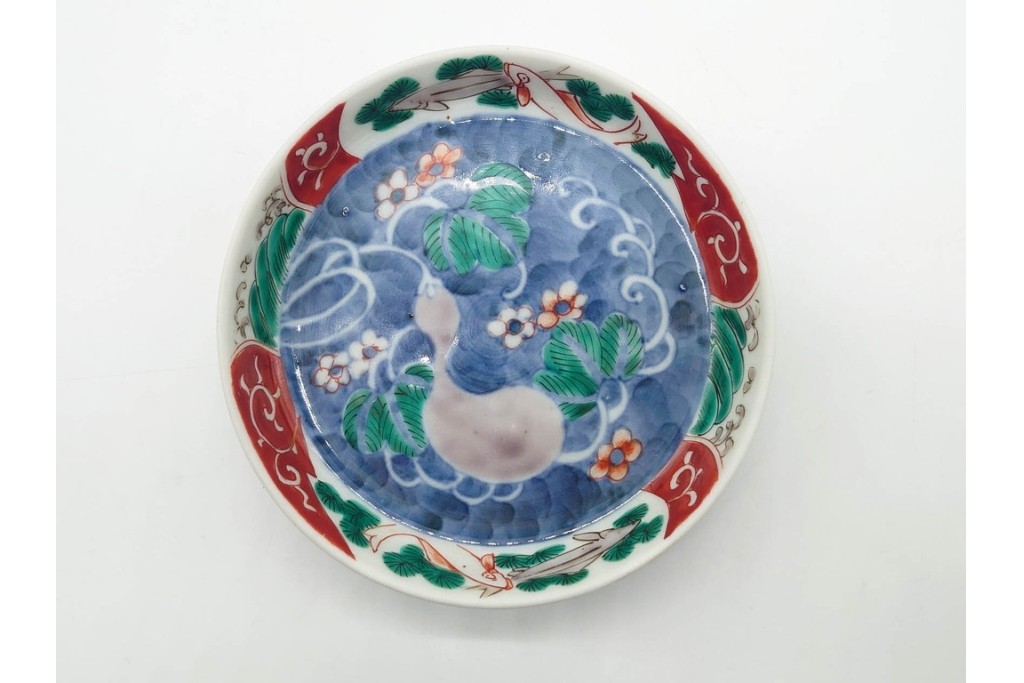 江戸期　古伊万里　染錦　直径約12cm(4寸)　瓢箪と魚を描いた小皿3枚セット　(R-091432)