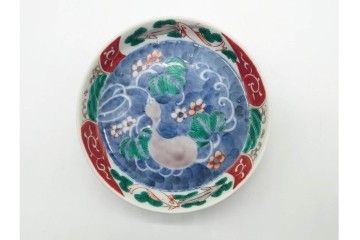 江戸期　古伊万里　染錦　直径約12cm(4寸)　瓢箪と魚を描いた小皿3枚セット　(R-091432)