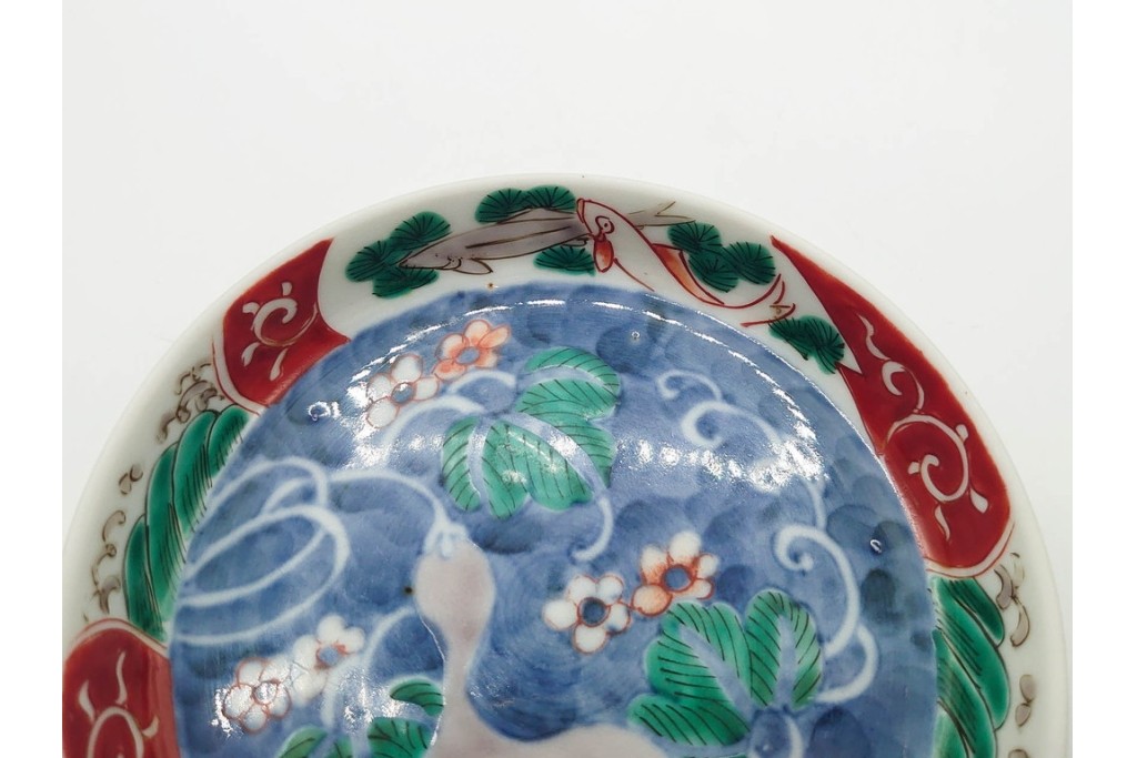 江戸期　古伊万里　染錦　直径約12cm(4寸)　瓢箪と魚を描いた小皿3枚セット　(R-091432)