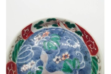 江戸期　古伊万里　染錦　直径約12cm(4寸)　瓢箪と魚を描いた小皿3枚セット　(R-091432)