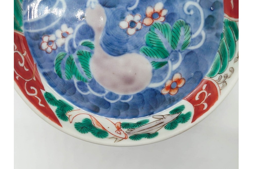 江戸期　古伊万里　染錦　直径約12cm(4寸)　瓢箪と魚を描いた小皿3枚セット　(R-091432)