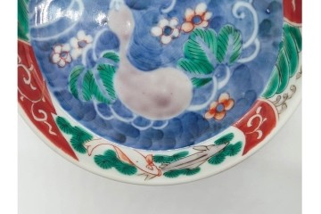 江戸期　古伊万里　染錦　直径約12cm(4寸)　瓢箪と魚を描いた小皿3枚セット　(R-091432)