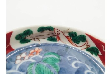 江戸期　古伊万里　染錦　直径約12cm(4寸)　瓢箪と魚を描いた小皿3枚セット　(R-091432)