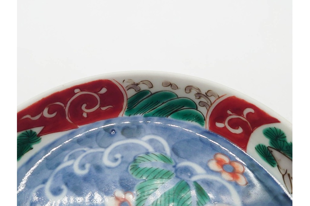 江戸期　古伊万里　染錦　直径約12cm(4寸)　瓢箪と魚を描いた小皿3枚セット　(R-091432)
