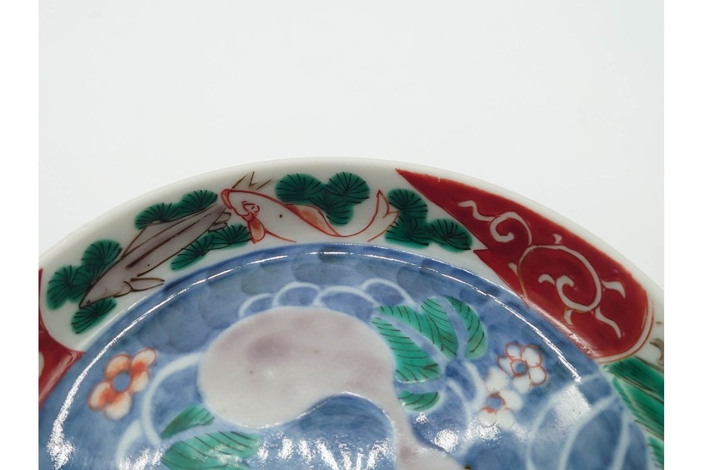 江戸期　古伊万里　染錦　直径約12cm(4寸)　瓢箪と魚を描いた小皿3枚セット　(R-091432)