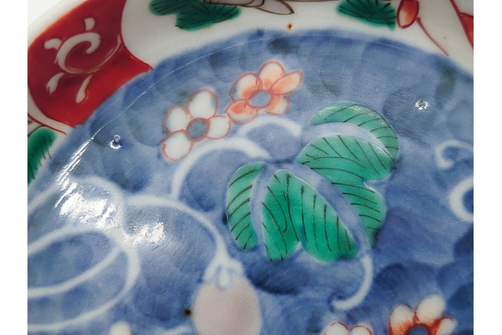江戸期　古伊万里　染錦　直径約12cm(4寸)　瓢箪と魚を描いた小皿3枚セット　(R-091432)