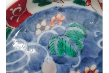 江戸期　古伊万里　染錦　直径約12cm(4寸)　瓢箪と魚を描いた小皿3枚セット　(R-091432)