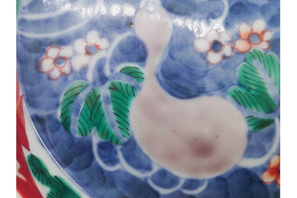 江戸期　古伊万里　染錦　直径約12cm(4寸)　瓢箪と魚を描いた小皿3枚セット　(R-091432)