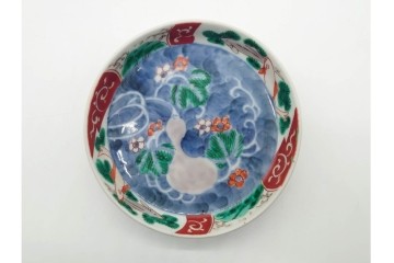 江戸期　古伊万里　染錦　直径約12cm(4寸)　瓢箪と魚を描いた小皿3枚セット　(R-091432)