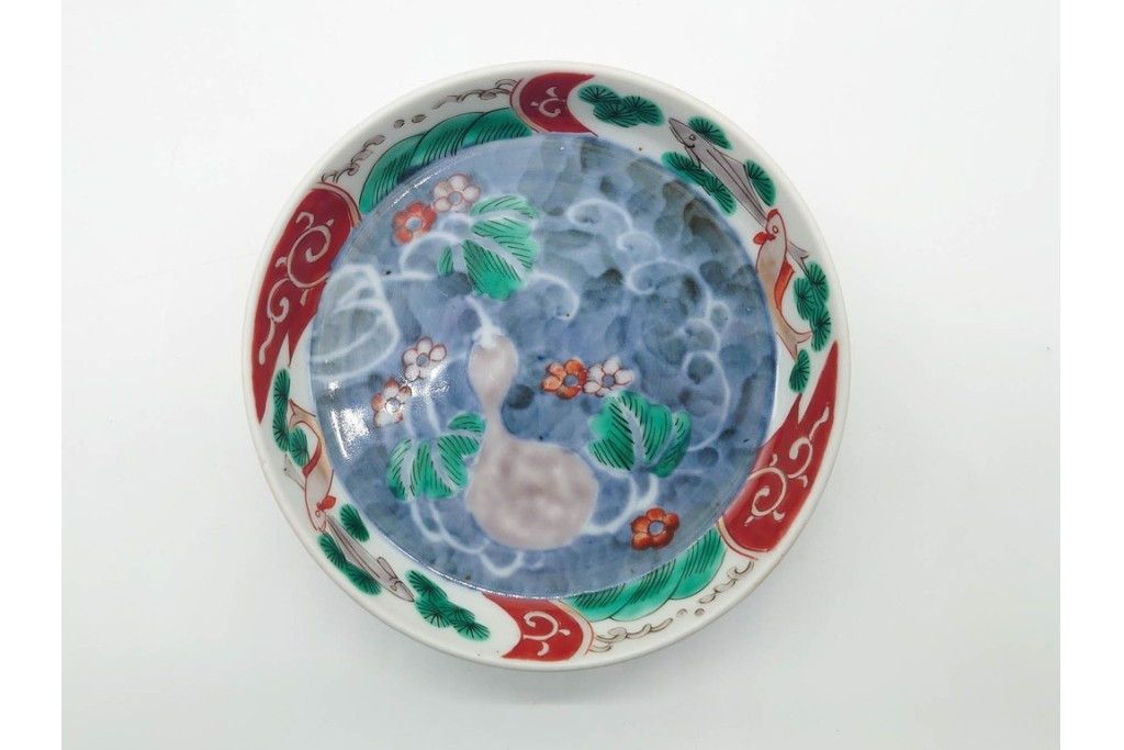 江戸期　古伊万里　染錦　直径約12cm(4寸)　瓢箪と魚を描いた小皿3枚セット　(R-091432)