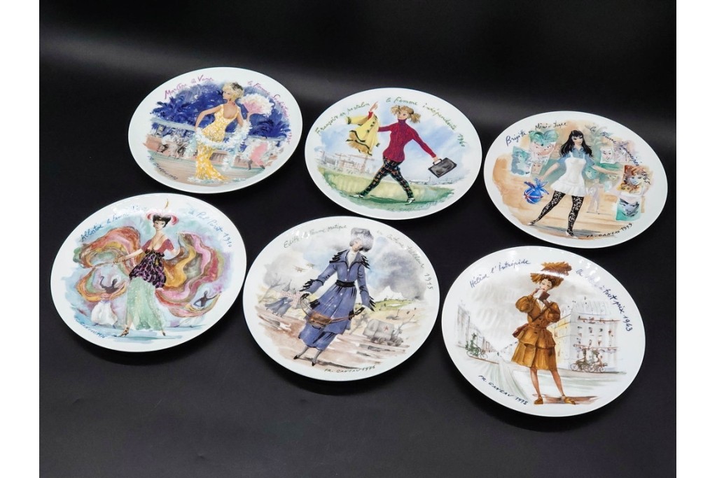 フランス　LIMOGES(リモージュ)　アンリ・ダルソー社　色鮮やかな女性の装いを描いたプレート6枚セット　(R-091441)