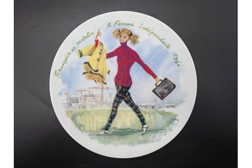 フランス　LIMOGES(リモージュ)　アンリ・ダルソー社　色鮮やかな女性の装いを描いたプレート6枚セット　(R-091441)