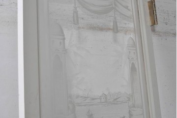 イギリスアンティーク建具　1890年から1910年頃　穏やかな風景を描いたエッチングガラス入りドア1枚　(R-091456)