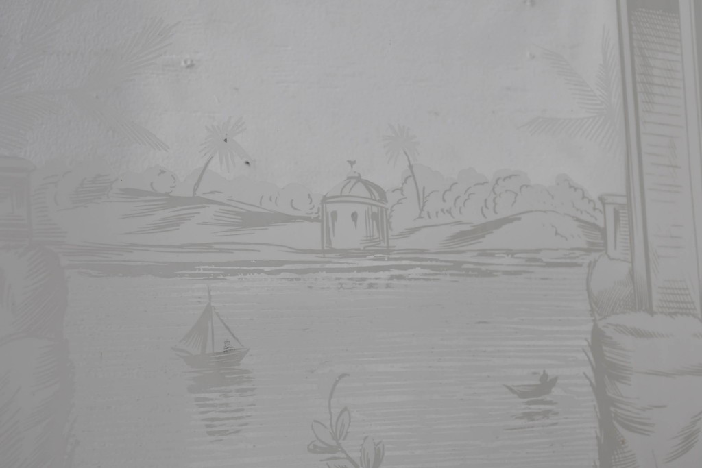 イギリスアンティーク建具　1890年から1910年頃　穏やかな風景を描いたエッチングガラス入りドア1枚　(R-091456)