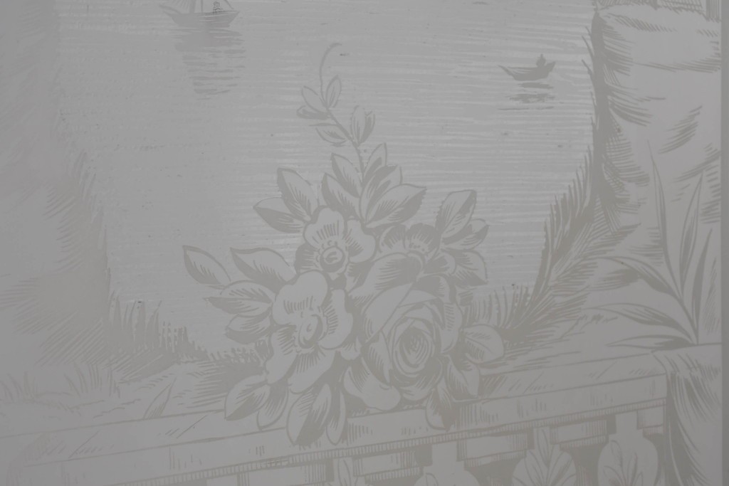 イギリスアンティーク建具　1890年から1910年頃　穏やかな風景を描いたエッチングガラス入りドア1枚　(R-091456)