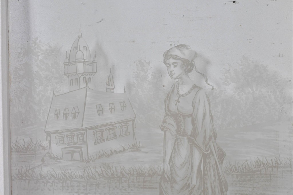 イギリスアンティーク建具　1890年から1910年頃　詩人ラ・フォンテーヌの肖像画を描いたエッチングガラス入りドア1枚　(R-091457)