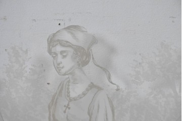 イギリスアンティーク建具　1890年から1910年頃　詩人ラ・フォンテーヌの肖像画を描いたエッチングガラス入りドア1枚　(R-091457)