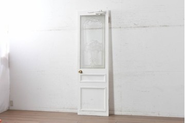 イギリスアンティーク建具　1890年から1910年頃　花を優美に描いたエッチングガラス入りドア1枚　(R-091458)
