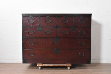 中古　美品　国産　青木産業　江戸シリーズ　欅(ケヤキ)材　重厚な金具使いと力強い杢目が魅力の整理箪笥　(R-091473)