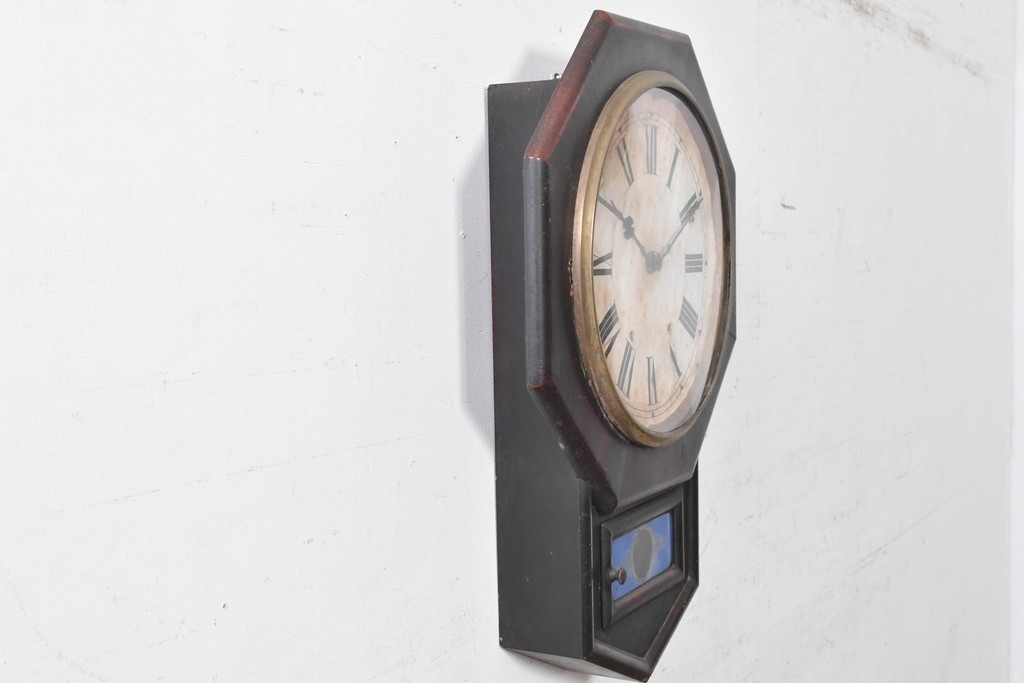 アメリカアンティーク　1900年頃　New Haven Clock Co.(ニューヘブン社)　青と金色の装飾が目を引くクラシカルな壁掛け時計　(R-091569)