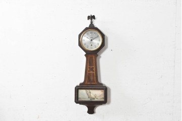 アメリカアンティーク　1920年から1930年頃　The Sessions Clock Company(セッションズクロックカンパニー)　Cape Cod　帆船を描いたパネルが目を引くバンジョー壁掛け時計　(R-091578)